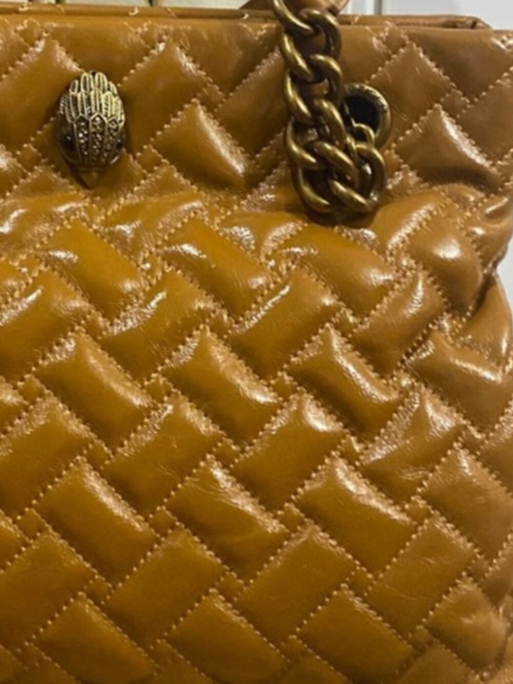 Large Tote. Kurt Geiger Quilted Gold Mustard Leather Sholder Bag With Gold